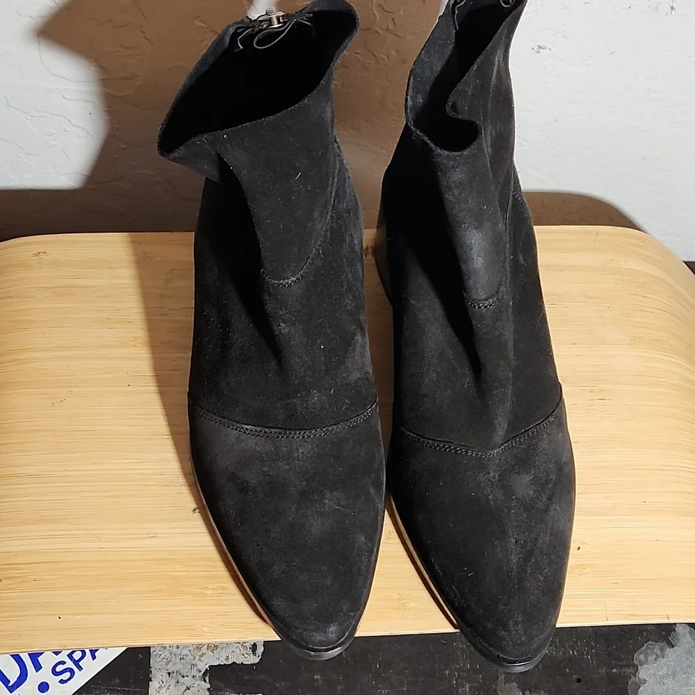 BLACK Suede Studio Heeled Back Zipper Bootie 10